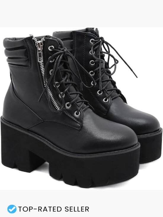 Shoes - Round Toe Chunky Ankle Boots Lace Up Zipper Combat Boots Platform Heel